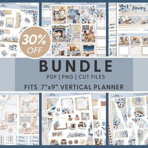 May include: A collection of planner stickers with a winter theme. The stickers feature illustrations of books, mugs, and floral arrangements in shades of blue and beige. The text includes "BUNDLE", "PDF | PNG | CUT FILES", and "FITS 17.8cm x 22.9cm VERTICAL PLANNER".