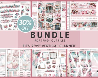 May include: A digital planner sticker bundle with a pink and blue color scheme. The stickers feature a cafe theme with illustrations of coffee cups, pastries, and flowers. The text "30% OFF BUNDLE" is displayed in a pink circle. The text "PDF | PNG | CUT FILES" is displayed below the bundle text. The text "FITS 7"x9" VERTICAL PLANNER" is displayed below the file type text.