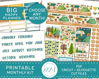 Big Happy Planner Monthly Stickers Kit, Camping Planner Stickers, Printable Monthly View Kit, Summer Camping Stickers, Cut Files, BM130
