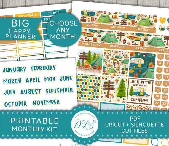 Big Happy Planner Monthly Stickers Kit, Camping Planner Stickers, Printable Monthly View Kit, Summer Camping Stickers, Cut Files, BM130