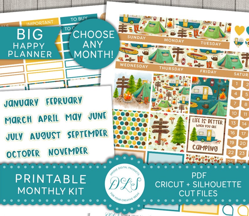 Puede incluir: Kit de planificador mensual imprimible con tem&aacute;tica de camping. El kit incluye una variedad de pegatinas, incluyendo una caravana, una fogata y un cartel que dice "La vida es mejor cuando est&aacute;s acampando".