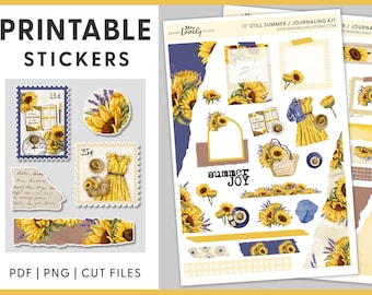 Printable Journaling Sticker Kit, Sunflower Journal Stickers, Journaling Printable, Floral Journal Kit, Scrapbooking Kit, Cut Files, JS101