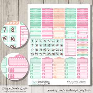 May include: A set of printable planner stickers in pink, green, and orange with a watercolor-like design. The stickers include a calendar, weekly planner, to-do lists, and other organizational elements.
