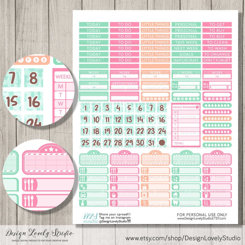 May include: A set of printable planner stickers in pink, green, and orange with a watercolor-like design. The stickers include a calendar, weekly planner, to-do lists, and other organizational elements.