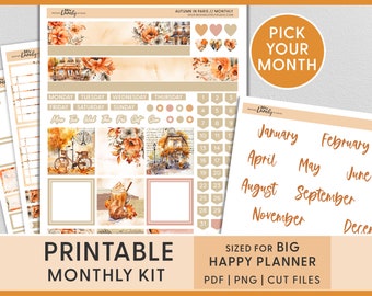 Printable Monthly Sticker Kit, Big Happy Planner, September Monthly Kit, October Monthly Stickers, Fall Planner Stickers, Paris, BM232