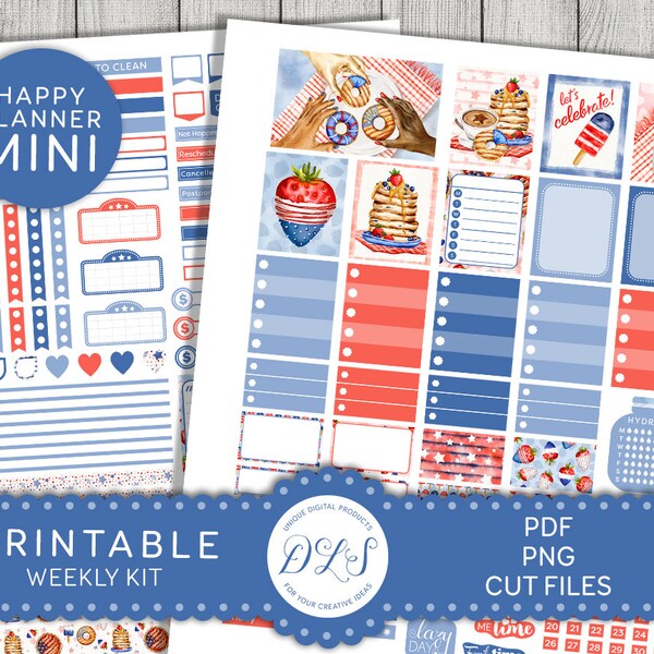 Printable Independence Day Planner Stickers, Mini Happy Planner Stickers, Patriotic Planner Stickers, 4th of July Planner Stickers, MW174