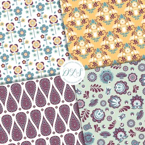 Pu&ograve; includere: Quattro motivi di carta digitale senza cuciture con disegni floreali e paisley in tonalit&agrave; di giallo, bianco, blu e viola. I motivi sono perfetti per lo scrapbooking, la creazione di biglietti e altri progetti di artigianato.