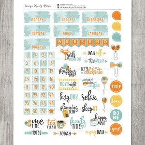 May include: A set of colorful planner stickers with a fall theme. The stickers feature various designs, including days of the week, numbers, and phrases like "girls night out", "shopping day", "movie night", "lazy day", "relax", "planning session", "sleep in", "me time", "tea please", "family time", "happy mail", "pay day", "do ne", and "yay!" The stickers are perfect for adding a touch of personality to your planner.