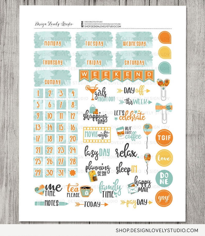 May include: A set of colorful planner stickers with a fall theme. The stickers feature various designs, including days of the week, numbers, and phrases like "girls night out", "shopping day", "movie night", "lazy day", "relax", "planning session", "sleep in", "me time", "tea please", "family time", "happy mail", "pay day", "do ne", and "yay!" The stickers are perfect for adding a touch of personality to your planner.