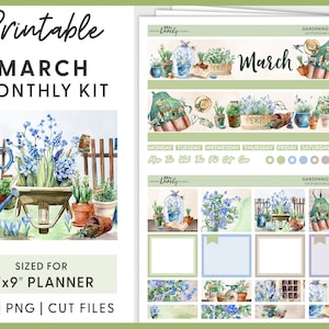 May include: Printable March monthly planner kit featuring watercolour illustrations of gardening tools, flowers, and plants. The kit includes a title banner, day of the week banners, and various decorative elements. The kit is sized for a 7x9 inch planner.