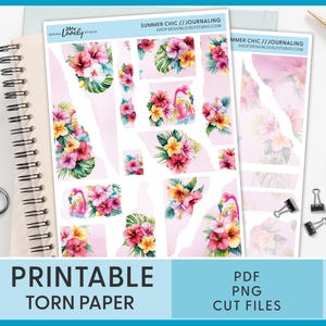 Adesivi di carta strappata con motivi floreali tropicali – Carta strappata stampabile per journaling, BuJo, scrapbooking e decorazioni per planner, ibisco, JS226