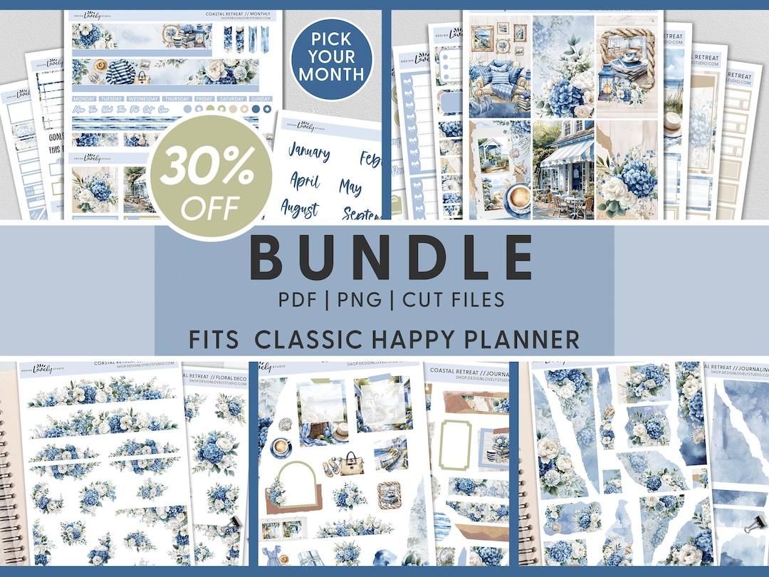 Coastal Spring Planner Stickers Bundle, Seaside, Hydrangea, Watercolor ...