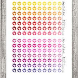 May include: A sheet of 72 colorful round stickers with a white dumbbell icon in the center of each sticker. The stickers are arranged in rows of 12 and are in a gradient of colors from yellow to orange, red to pink, and purple to blue.