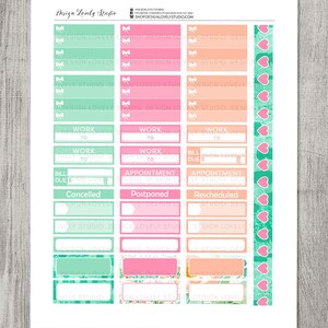 May include: A set of printable planner stickers with a pastel color scheme. The stickers feature various designs, including bows, hearts, and floral patterns. The stickers are labeled with text such as "Work to", "Bill Due", "Appointment", "Cancelled", "Postponed", and "Rescheduled".
