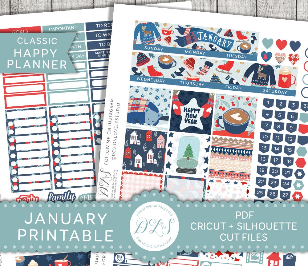 Printable January Planner Stickers January Monthly Kit Happy | Etsy
