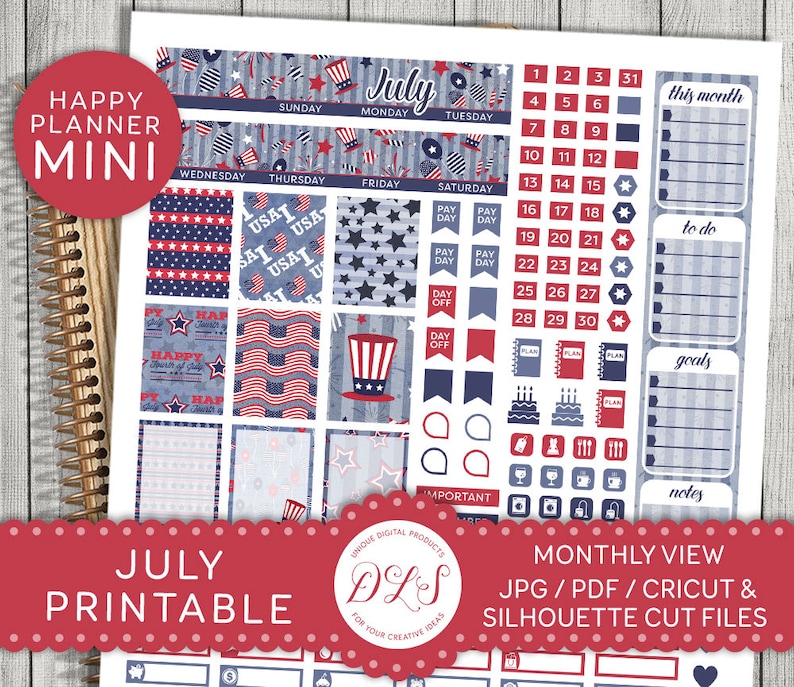 Mini Happy Planner July, July Monthly View, 4th of July Stickers Kit ...