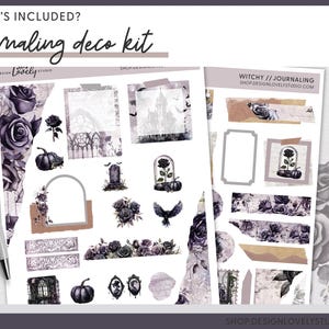 May include: A set of witchy themed journaling stickers featuring black roses, a castle, a raven, a pumpkin, and a rose in a glass dome. The stickers are on a white background with a light gray border.