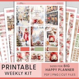Kerstplannerstickers, wintervakantiestickers, december wekelijkse stickerkit, afdrukbare grote gelukkige plannerstickers, gesneden bestanden, BW217