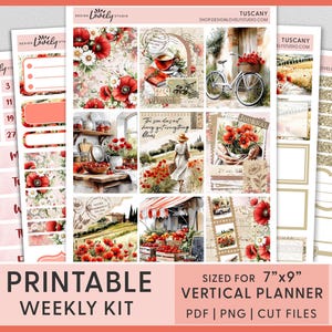 Kit de adesivos semanais de verão com papoulas da Toscana – Adesivos para planejador imprimíveis para Erin Condren, tema Cottagecore Floral Itália, rústico, VS281