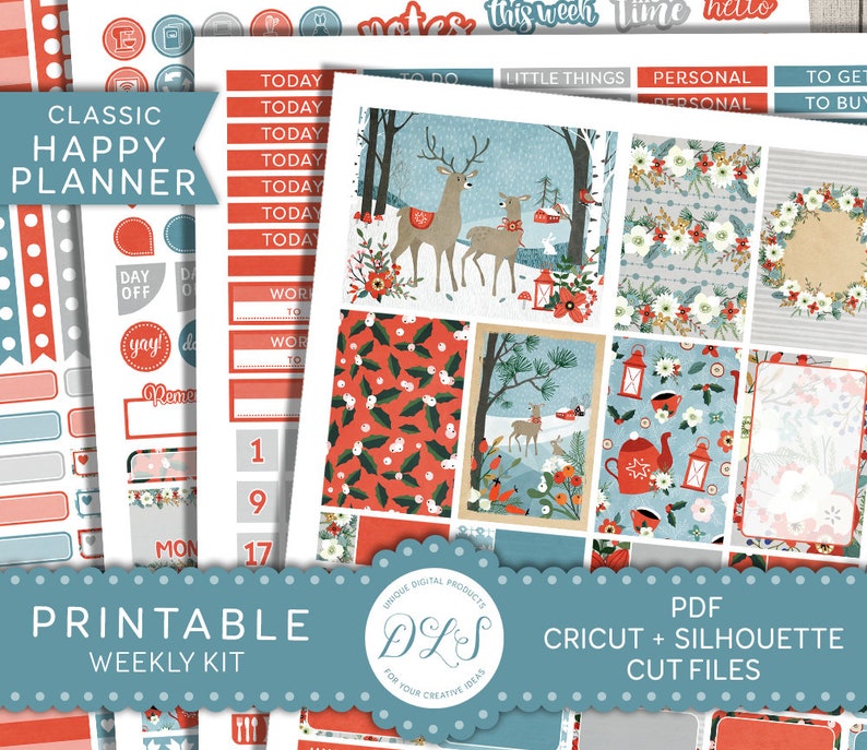 May include: Printable planner stickers featuring a winter theme with red and white holly, reindeer, and a blue and white teapot. The stickers are designed for use with a Happy Planner. The text "Classic Happy Planner" and "Printable Weekly Kit" are visible on the image.