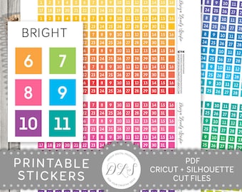 May include: Printable sticker sheet with numbers 6, 7, 8, 9, 10, and 11 in colorful squares. The numbers are arranged in two columns. The sheet is labeled "BRIGHT" and "PRINTABLE STICKERS".