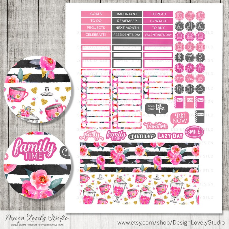 May include: A set of printable planner stickers featuring a pink and black floral design with gold accents. The stickers include various phrases like "family time", "party", "love your life", "vacation", "birthday", "lazy day", "start now", and "smile".