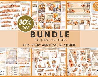 Könnte beinhalten: Ein digitales Planer-Sticker-Paket mit Illustrationen zum Thema Herbst in Paris. Die Sticker sind in verschiedenen Formen und Größen, darunter Blumenmuster, eine Stadtlandschaft und ein Fahrrad. Das Paket enthält PDF-, PNG- und Schnittdateien. Die Sticker sind für einen vertikalen Planer im Format 17,8 cm x 22,9 cm konzipiert.
