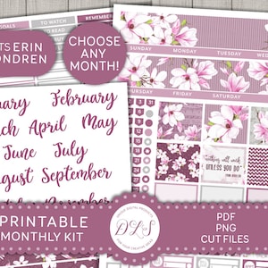 PRINTABLE Monthly Planner Stickers Kit, Purple Floral Planner Stickers, Spring Planner Stickers, fits Erin Condren Life Planner, ECE123