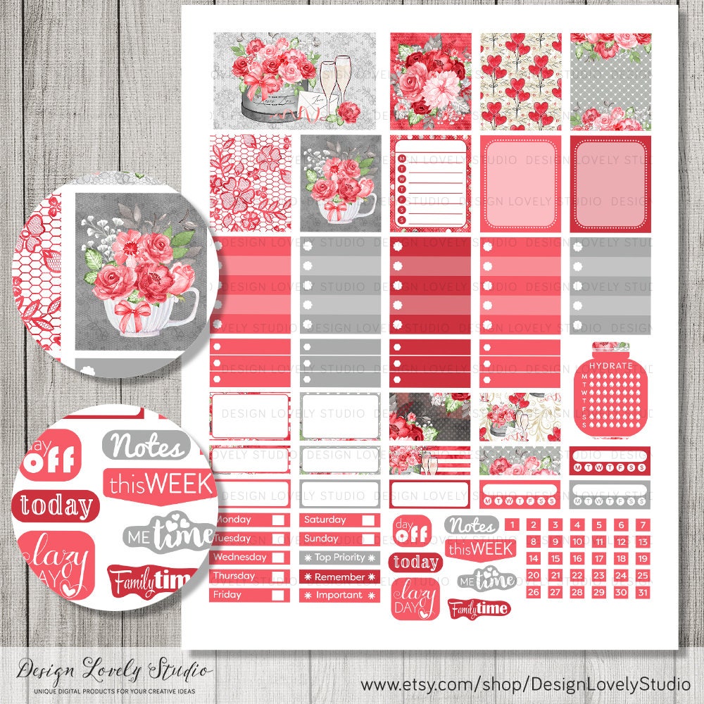 Valentine's Day Stickers Kit, Printable Mini Happy Planner Stickers ...