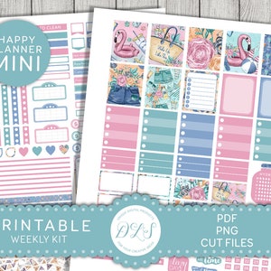 Printable Beach Planner Stickers, Mini Happy Planner Stickers Kit, Flamingo Planner Stickers, Summer Planner Stickers, Cut Files, MW155