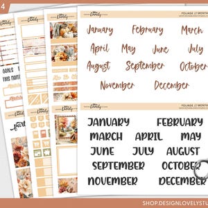 May include: A collection of planner stickers and labels with a fall theme. The stickers include monthly calendar labels, decorative elements, and the months of the year in both cursive and block lettering. A pair of silver scissors is on the right.