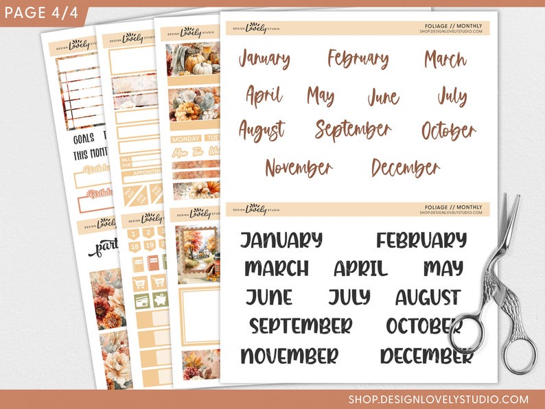 May include: A collection of planner stickers and labels with a fall theme. The stickers include monthly calendar labels, decorative elements, and the months of the year in both cursive and block lettering. A pair of silver scissors is on the right.