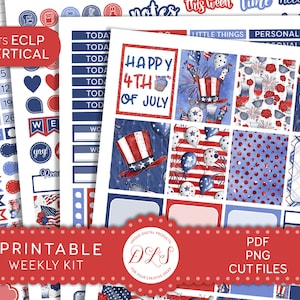 4th of July Weekly Sticker Kit, Printable Planner Stickers Kit, July Weekly Planner Stickers Kit, for Erin Condren Vertical Planner, VS167