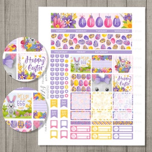 May include: A printable Easter-themed planner sticker set with a purple, yellow, and pink color scheme. The stickers feature bunnies, eggs, flowers, and the text "Happy Easter" and "Let's go on an egg hunt".