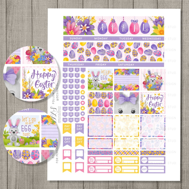 May include: A printable Easter-themed planner sticker set with a purple, yellow, and pink color scheme. The stickers feature bunnies, eggs, flowers, and the text "Happy Easter" and "Let's go on an egg hunt".