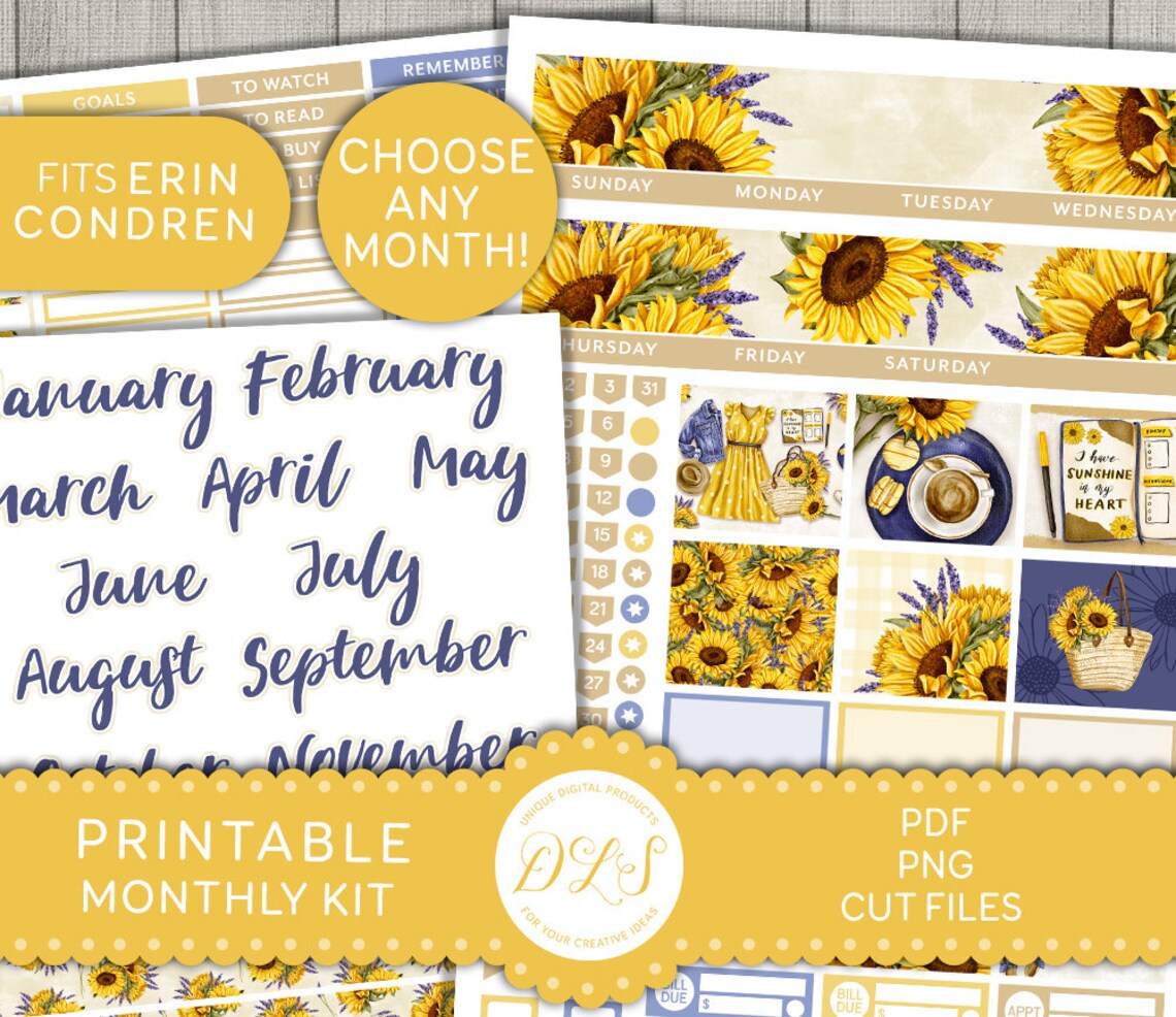 SUNFLOWERS Planner Stickers Printable Monthly Stickers Kit - Etsy
