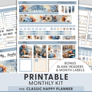 May include: A printable monthly planner sticker kit featuring a September Rain theme with blue and beige floral patterns, calendar headers, day labels, and decorative scenes. The set includes functional boxes, checklists, and icons for planning.