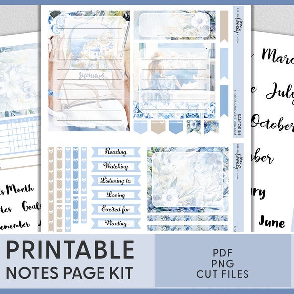 July Notes Page Kit, June Notes Page Stickers, August Notes Page Kit, Santorini, Greece, Printable, Summer Vacation, Erin Condren LP, ECN269