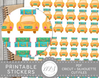 May include: Printable sticker sheet featuring a repeating pattern of yellow cars with luggage on top. The cars have the text "Let's Go!" on the back. The background is white.