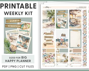 Summer Planner Stickers, Beach Planner Stickers, Weekly Stickers Kit, Printable Planner Stickers, for Big Happy Planner, Cut Files, BW206