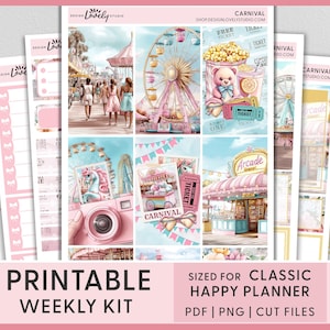 Adesivos para Planejador de Carnaval para Imprimir, Kit Semanal de Feira de Verão para Planejador Feliz, Parque de Diversões, Roda Gigante, Algodão Doce, Carrossel, Vintage HP275