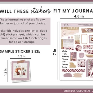 May include: A sheet of fall-themed journaling stickers with a variety of shapes and sizes, including leaves, pumpkins, and plaid patterns. The stickers are printed on a white background and measure 7 inches by 4.8 inches. The text "COLORS OF FALL // JOURNALING" is printed at the top of the sheet.
