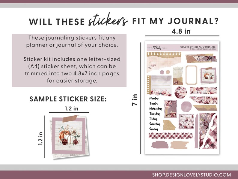 May include: A sheet of fall-themed journaling stickers with a variety of shapes and sizes, including leaves, pumpkins, and plaid patterns. The stickers are printed on a white background and measure 7 inches by 4.8 inches. The text "COLORS OF FALL // JOURNALING" is printed at the top of the sheet.