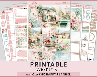 Adesivi per agenda stampabili a tema castello romantico, adesivi settimanali per un'agenda felice, adesivi floreali in stile cottagecore, giardino primaverile, HP300