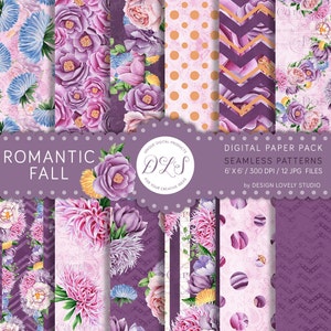 Floral Digital Paper: &quot;Romantic Fall&quot; Purple Watercolor Flowers Roses Romantic Floral Scrapbook Wedding Nursery Seamless Patterns DP111