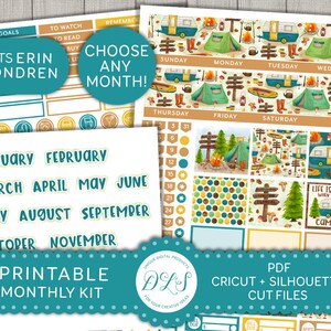 Camping Monthly Planner Stickers, Printable Camping Monthly Kit, for Erin Condren Life Planner, Camper, Tent, Campfire, Cutfile, ECE118