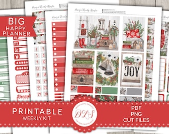 Big Happy Planner Christmas Stickers Kit, Printable Christmas Planner Stickers, Christmas Weekly Planner Kit, Rustic Christmas, BW110