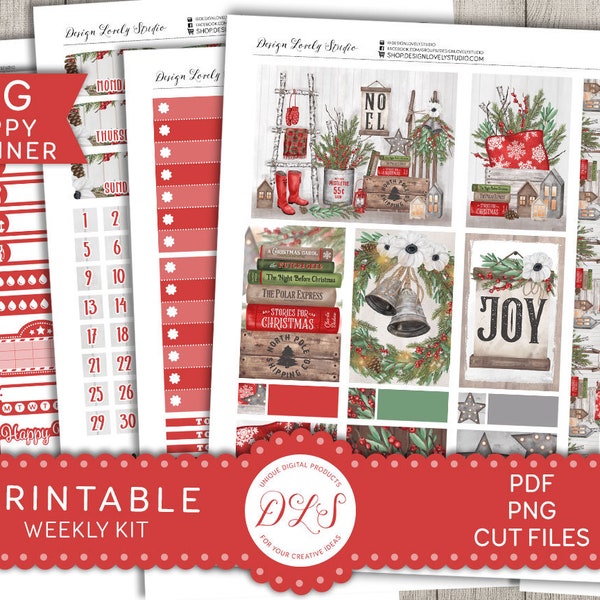 Big Happy Planner Christmas Stickers Kit, Printable Christmas Planner Stickers, Christmas Weekly Planner Kit, Rustic Christmas, BW110