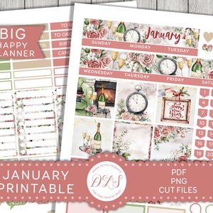 Kit de pegatinas mensuales de ENERO imprimible, kit de enero de Big Happy Planner, pegatinas del planificador de año nuevo, kit mensual de enero de 2022, archivos cortados, BM201
