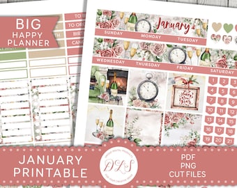 Printable JANUARY Monthly Stickers Kit, Big Happy Planner January Kit, New Year Planner Stickers, January 2022 Monthly Kit, Cut Files, BM201